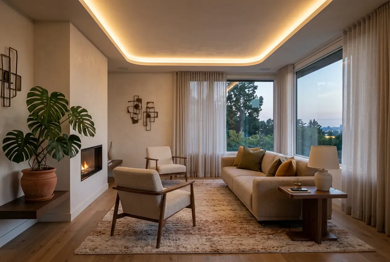 Sala moderna com tecnologia integrada de forma discreta: iluminação LED embutida e cortinas motorizadas