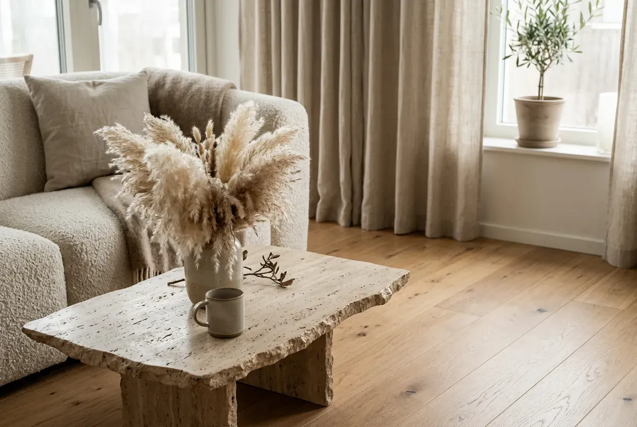 Detalhes de materiais naturais na sala: travertino, bouclé, madeira e linho