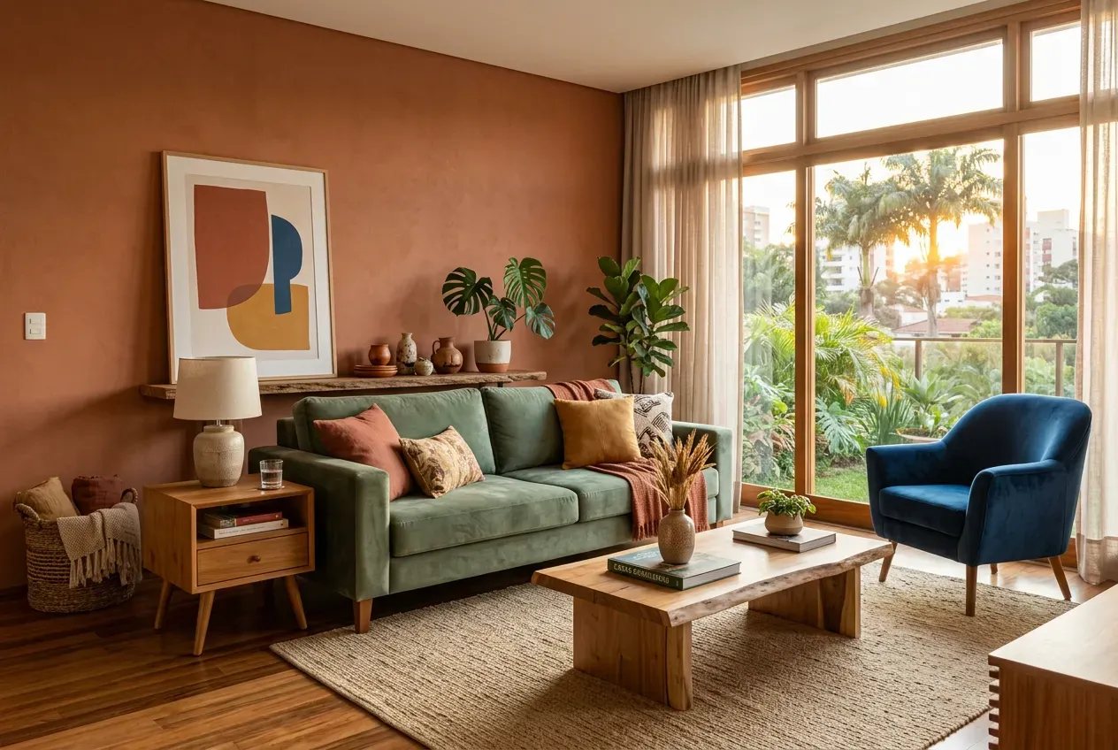 Sala de estar moderna com paleta terrosa: paredes terracota, sofá verde-salvia e poltrona azul profundo