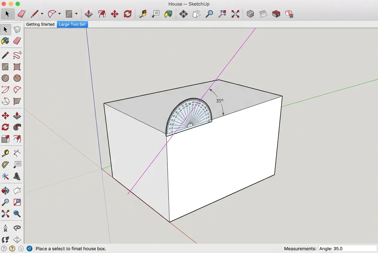 Modelagem de telhado no SketchUp com linhas guia e ferramenta transferidor