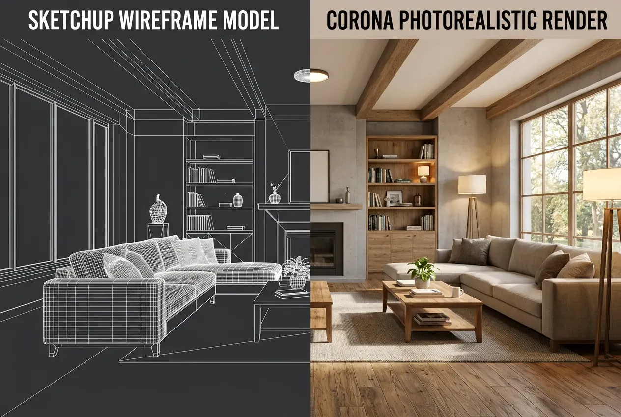 Editor de materiais do Corona Renderer com texturas de mármore e madeira realistas