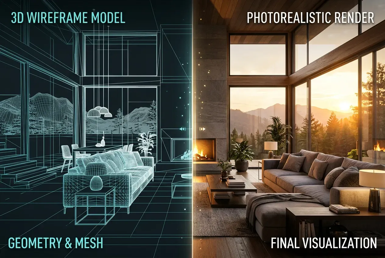 Comparação wireframe 3D e render fotorrealista de interior moderno