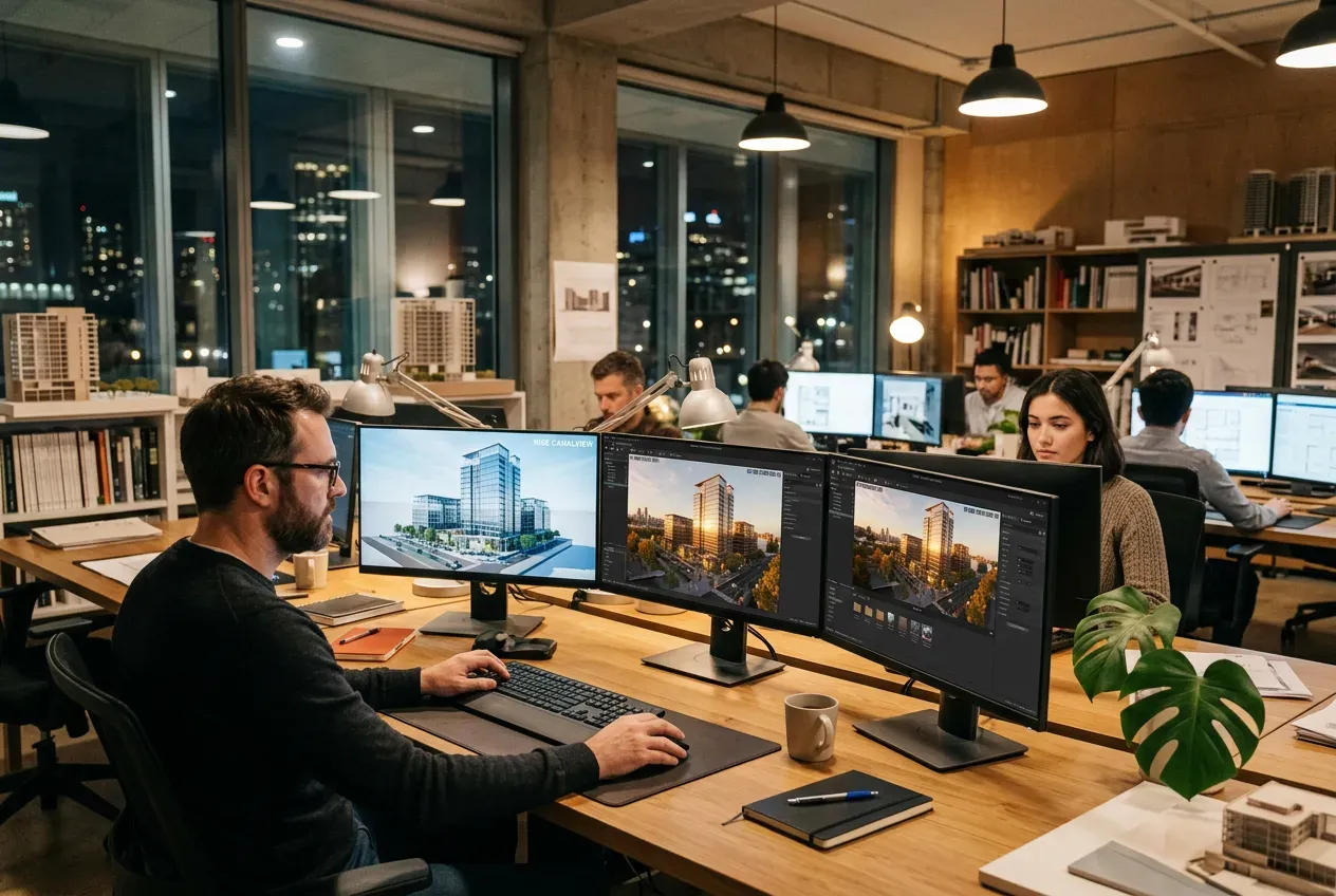 Estúdio de arquitetura com múltiplas telas mostrando renderização em tempo real