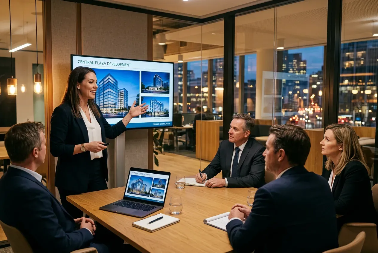 Arquiteto apresentando proposta de projeto com renders 3D para clientes em reunião profissional