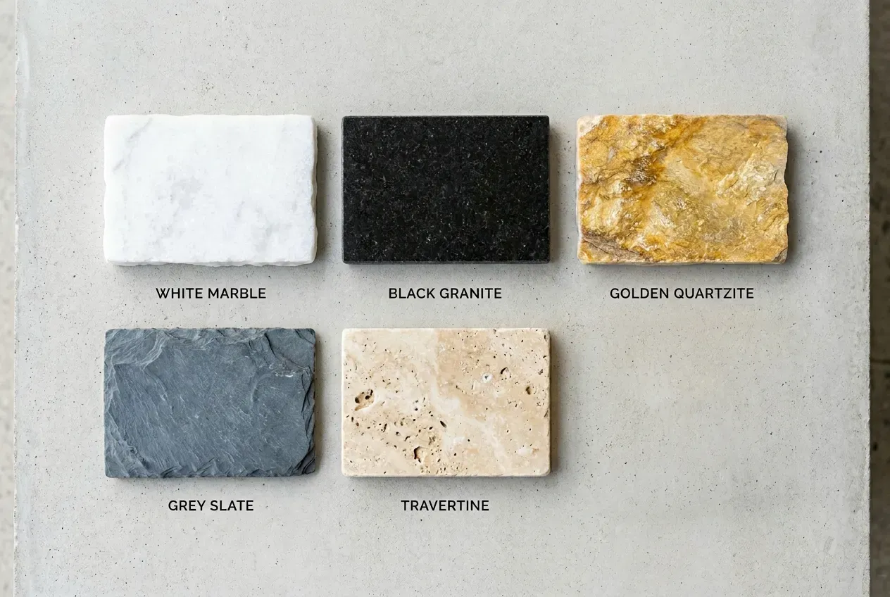 Amostras de pedras naturais: mármore branco, granito preto, quartzito dourado e ardósia