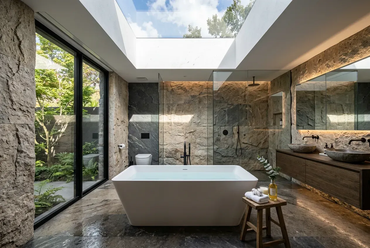Banheiro moderno luxuoso com paredes de pedra natural do piso ao teto e banheira