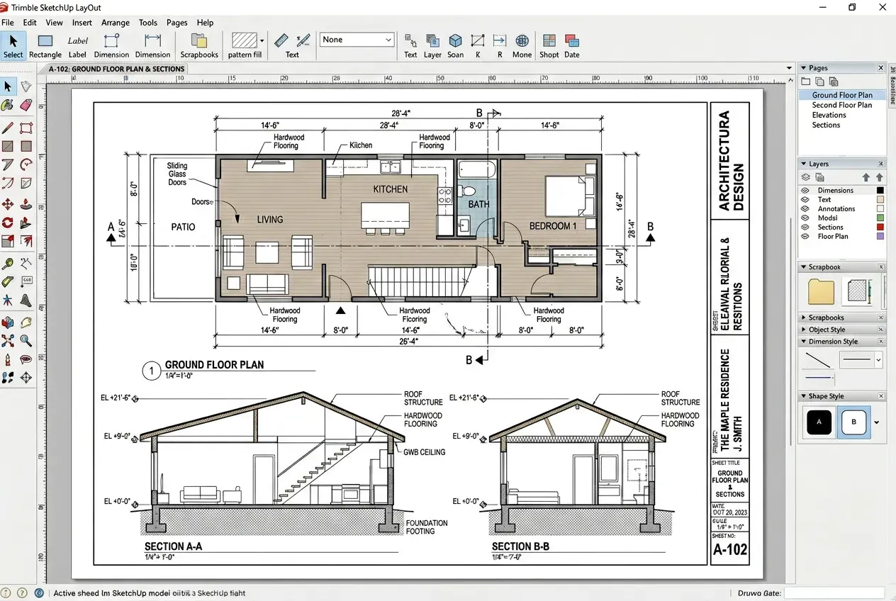 Interface do Layout SketchUp mostrando prancha arquitetônica com planta baixa, cotas e anotações