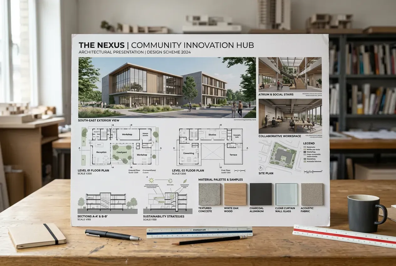 Prancha arquitetônica impressa em papel A1 com plantas, renders 3D e paleta de materiais