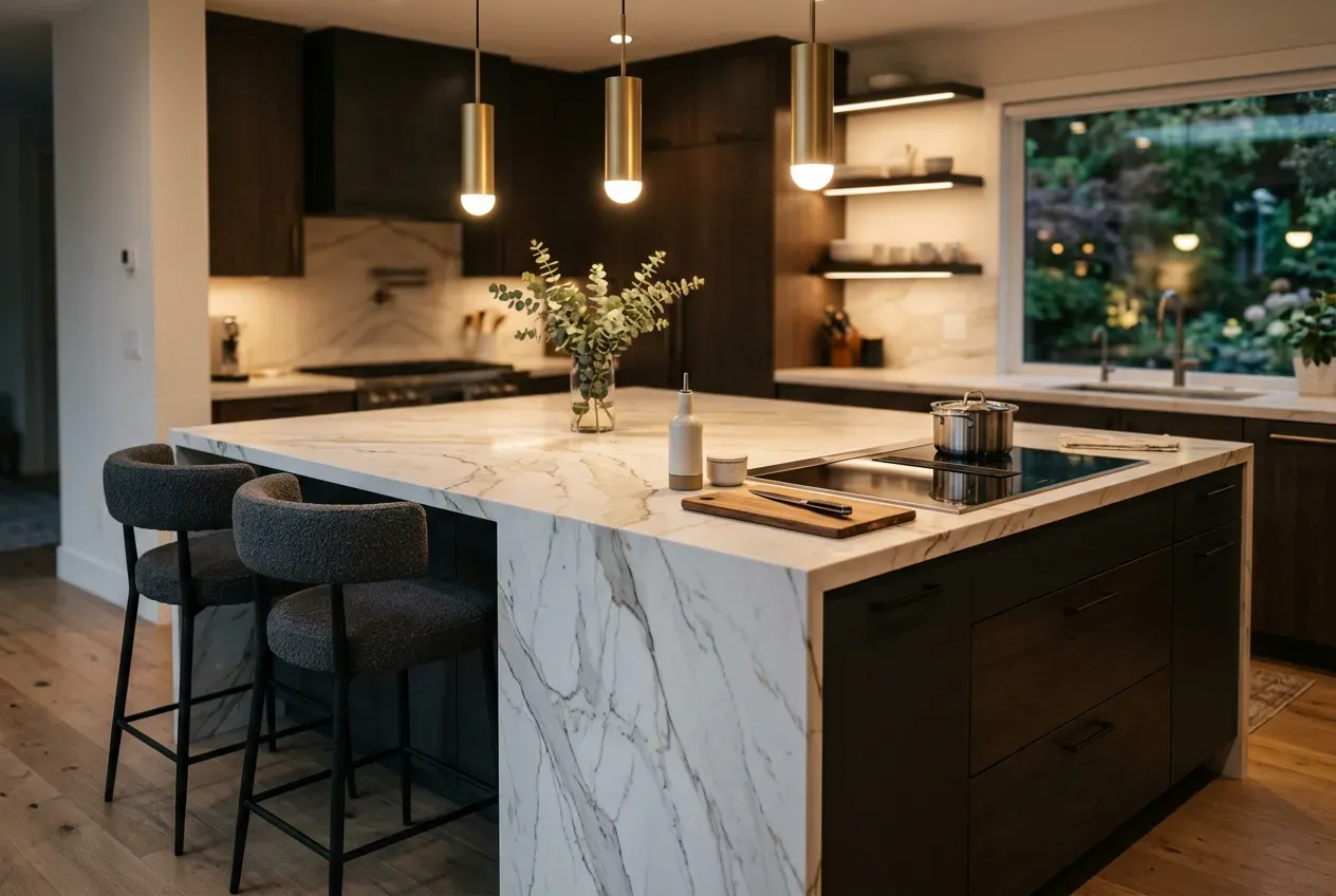 Ilha de cozinha moderna com bancada cascata em quartzito e iluminação pendente
