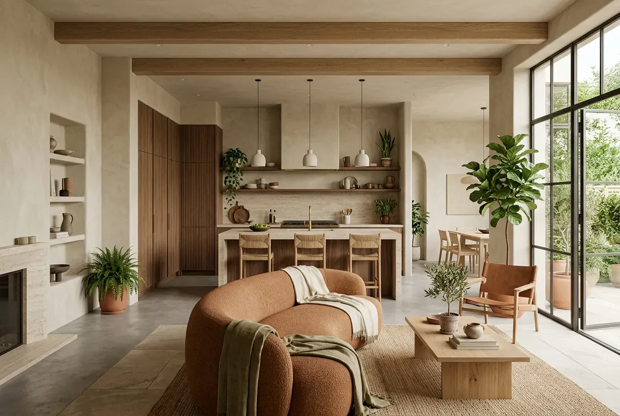 Cozinha americana integrada à sala com paleta terrosa e design warm minimalism