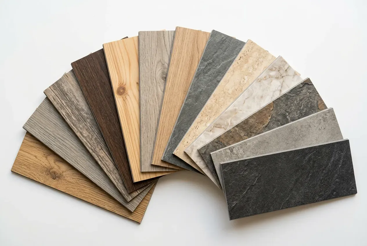 Amostras de piso vinílico em diferentes texturas de madeira e pedra, fotografia profissional de produto