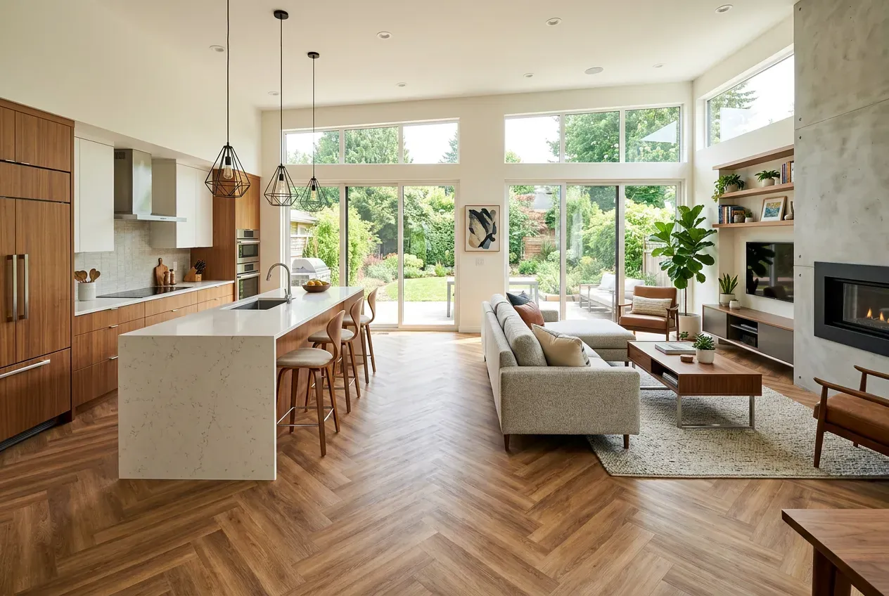 Cozinha e sala integradas com piso vinílico em padrão espinha de peixe, design contemporâneo