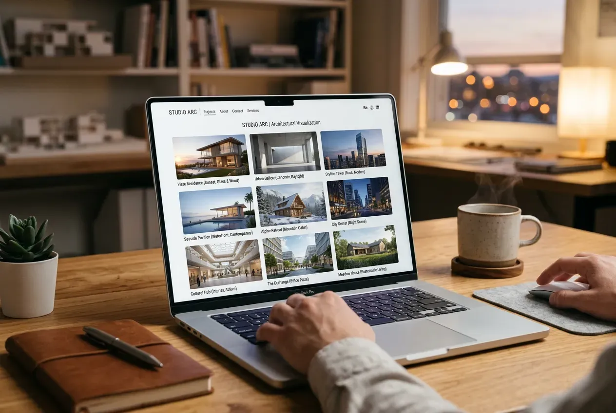 Portfólio digital de arquitetura em tela de laptop com grid de renders
