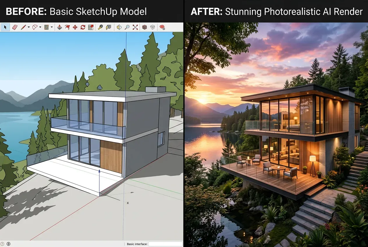 Comparação antes e depois: modelo SketchUp simples versus render fotorrealista com IA