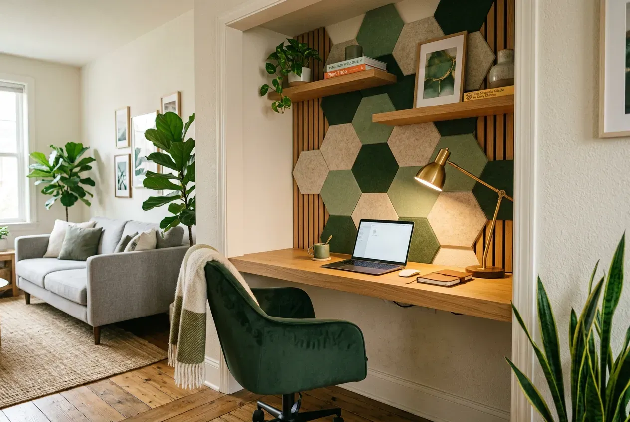 Home office em nicho integrado à sala de estar com mesa flutuante e iluminação de tarefa