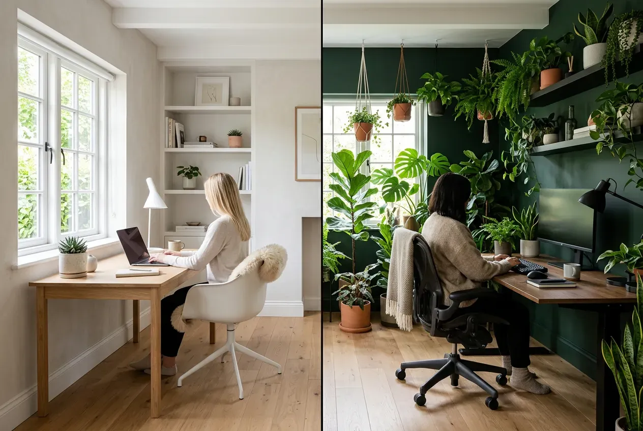 Dois estilos de home office: minimalista escandinavo e biofílico com plantas, fotografia profissional