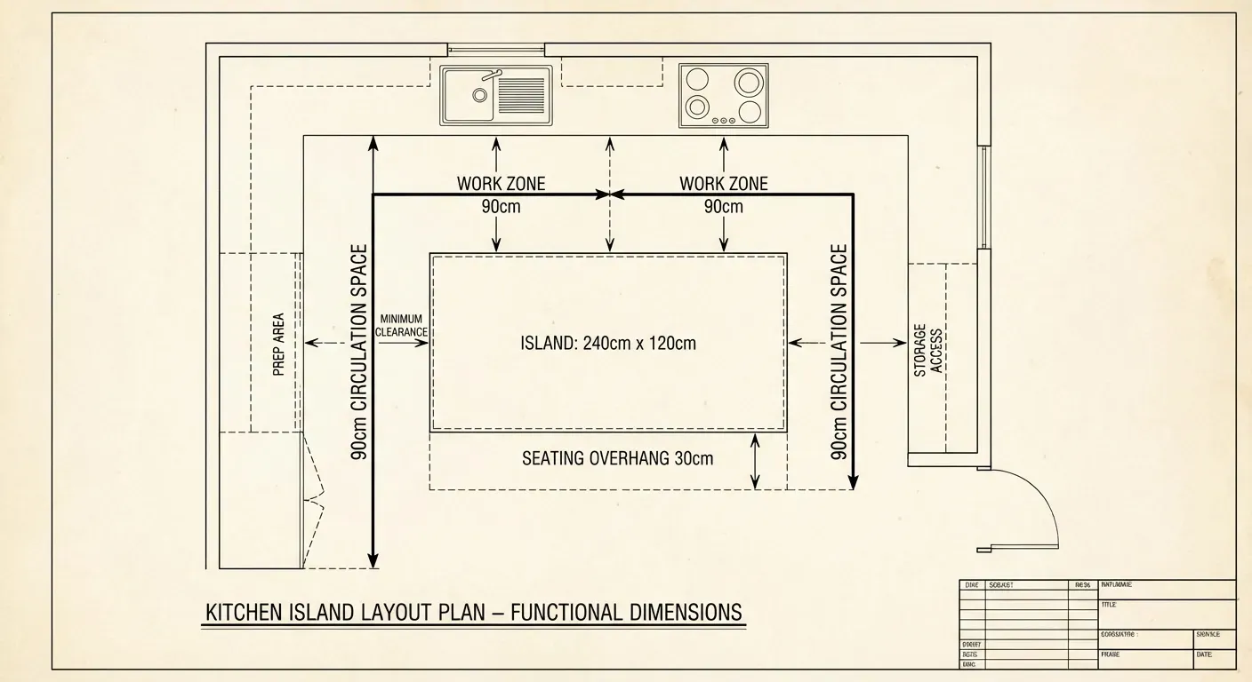 Diagrama técnico de dimensões ideais para ilha de cozinha
