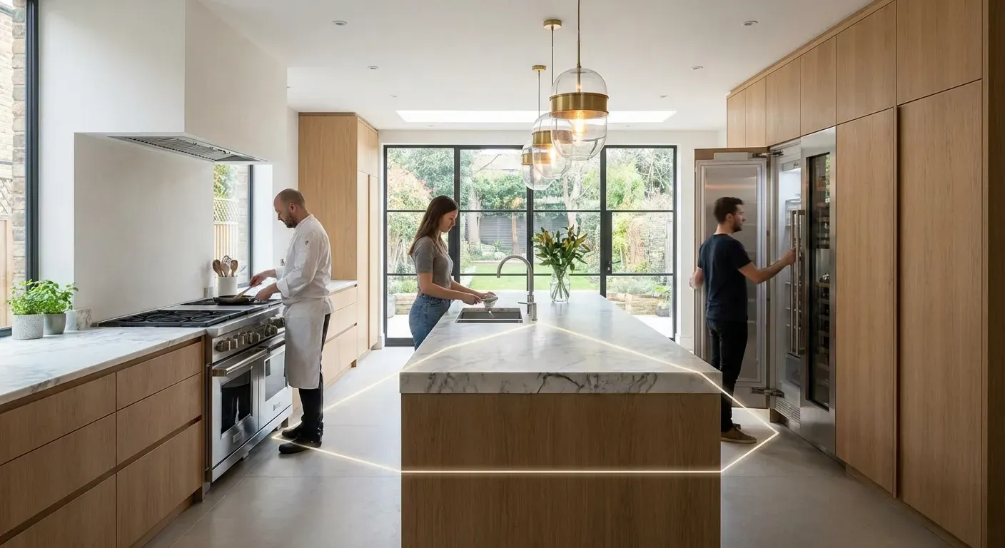 Cozinha moderna com ilha central demonstrando triângulo funcional