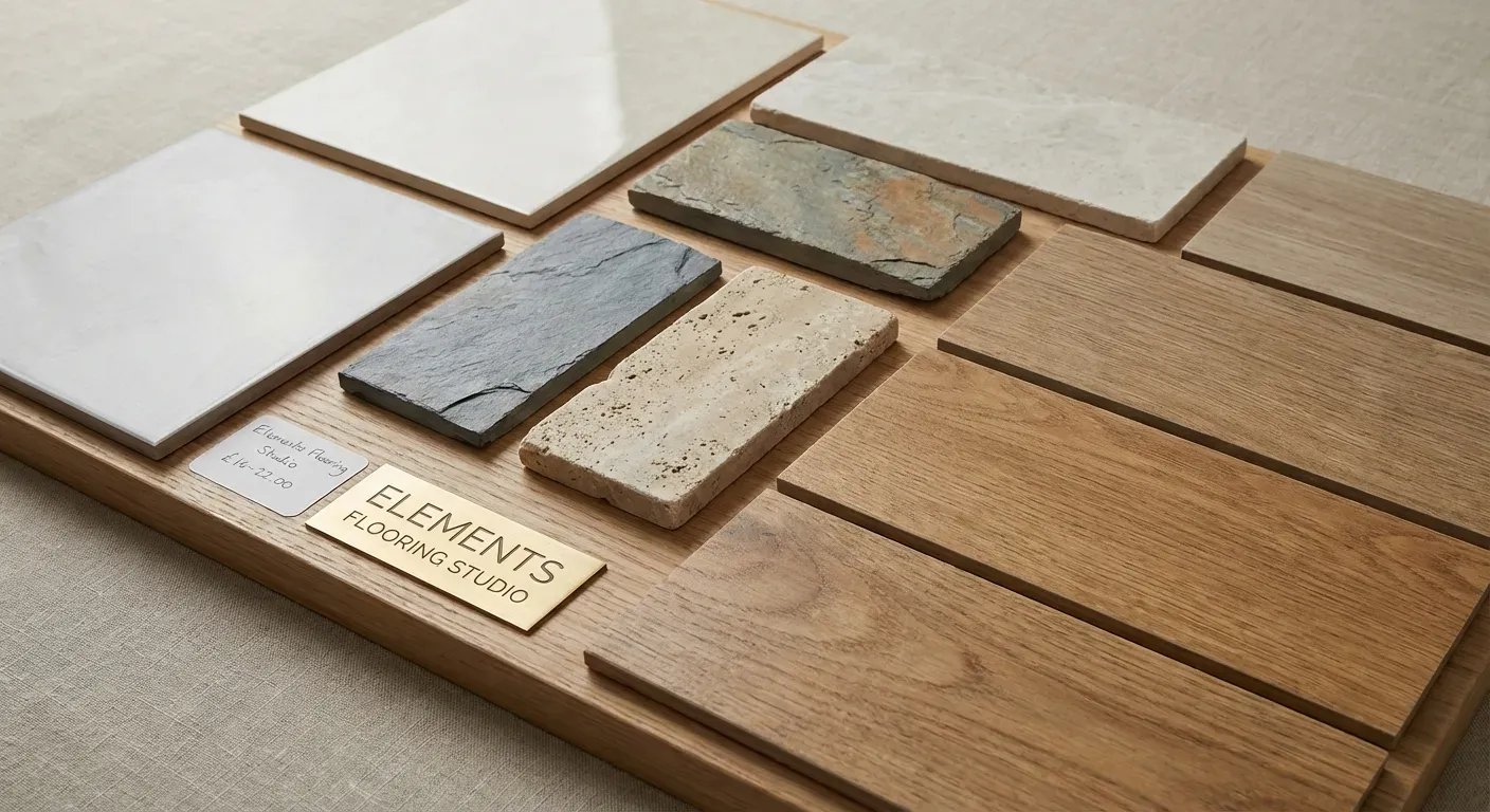 Diferentes tipos de revestimento e materiais para pisos e paredes em showroom profissional