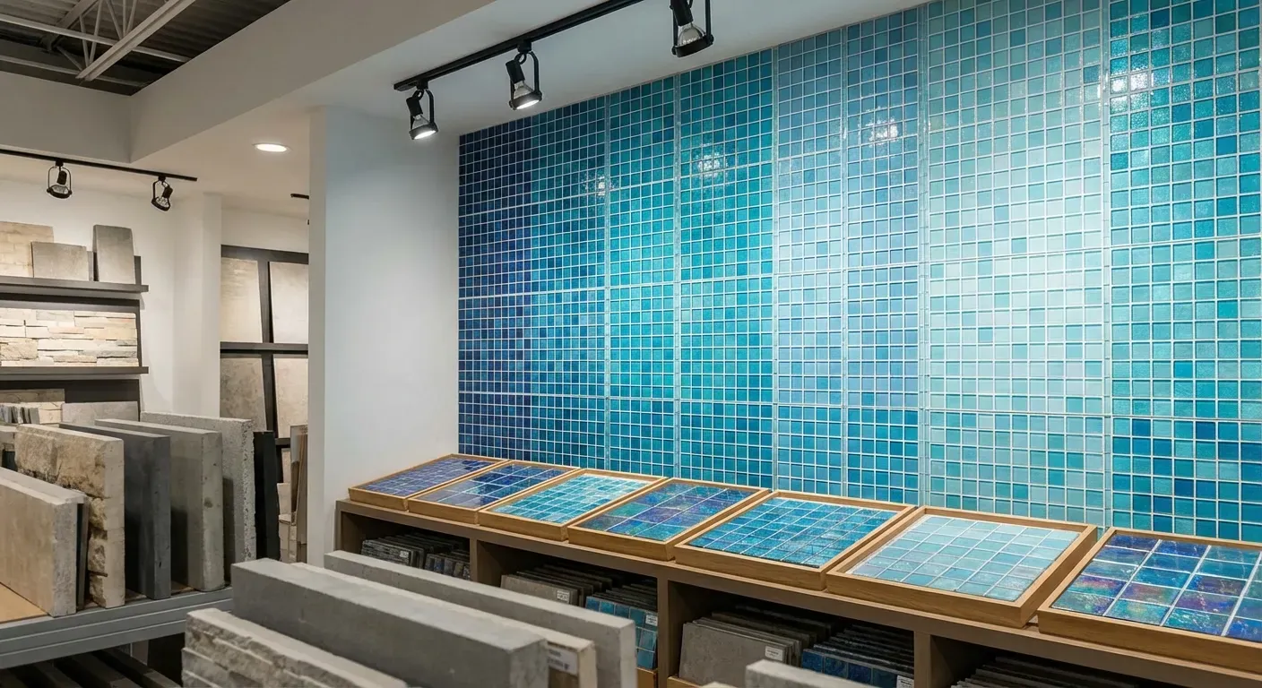 Pastilhas de vidro em tons de azul para revestimento de piscina expostas em showroom