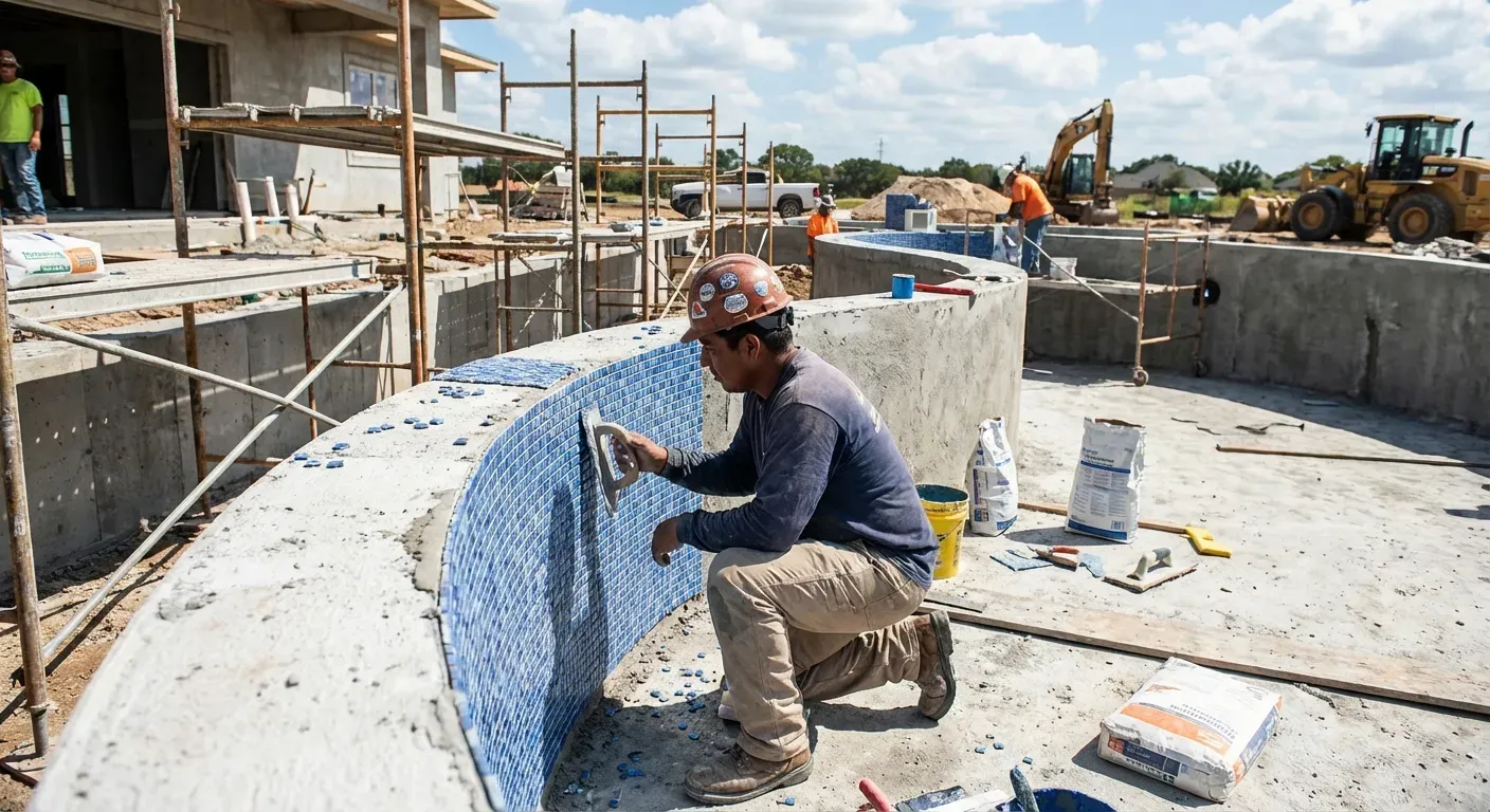 Profissional aplicando pastilhas de vidro em parede de piscina durante construção