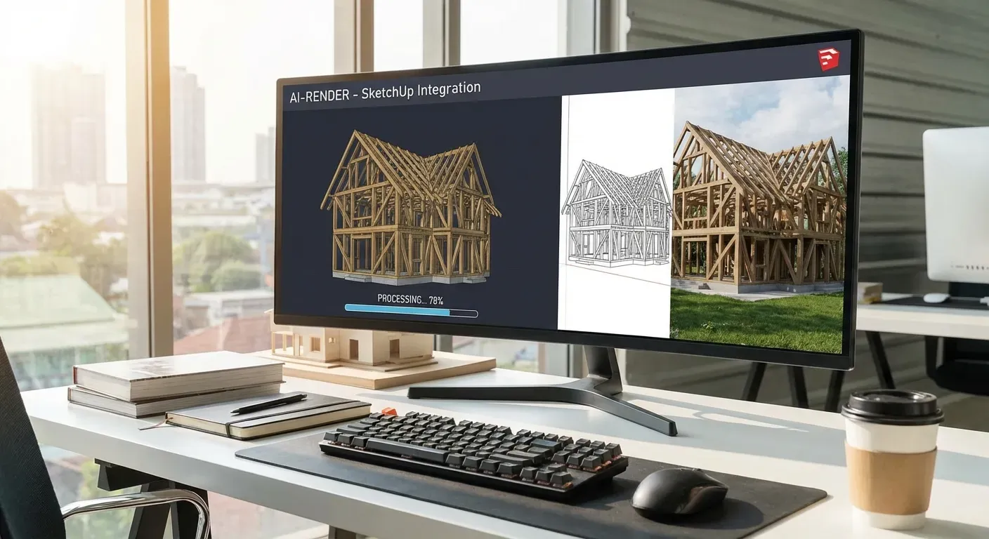 Interface de renderização com IA mostrando modelo SketchUp sendo processado em workspace moderno