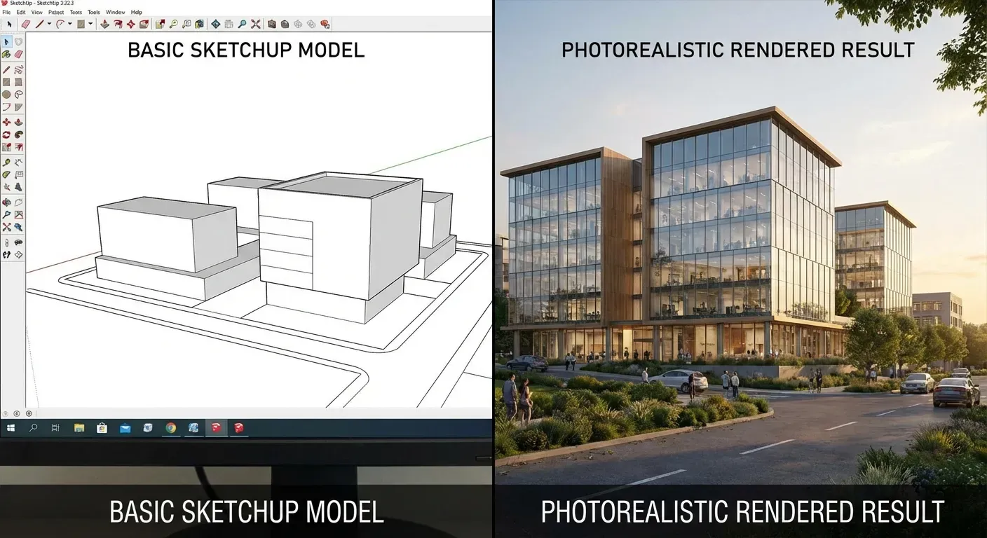 Comparação antes e depois mostrando modelo básico SketchUp transformado em render fotorrealista