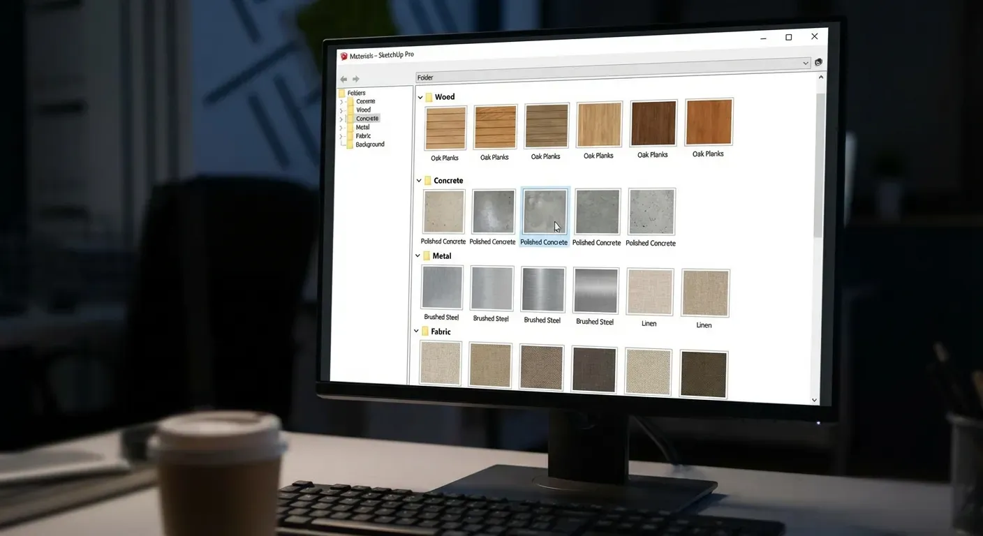 Exemplo de materiais e texturas aplicados em projeto de interiores no SketchUp