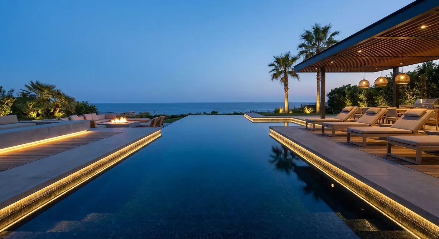 Piscina moderna com revestimento escuro e borda infinita