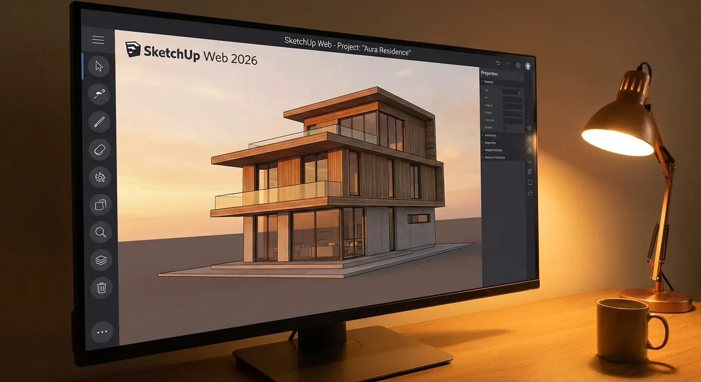 Interface do SketchUp Web 2026 mostrando projeto de arquitetura em andamento