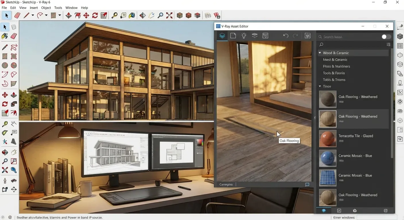 Interface V-Ray SketchUp 2026 mostrando painel de materiais e configuração profissional de texturas realistas