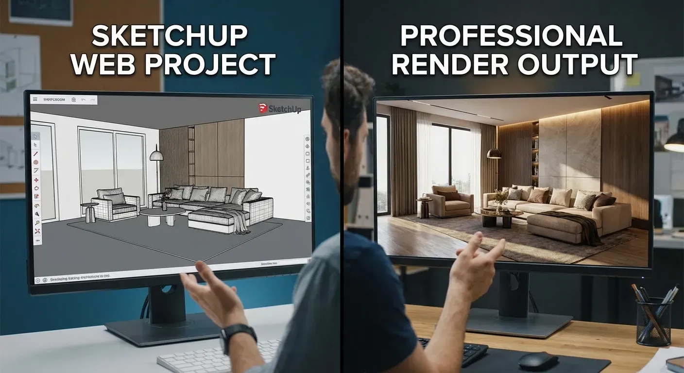 Comparação visual entre projetos criados no SketchUp Web e Pro mostrando qualidade similar