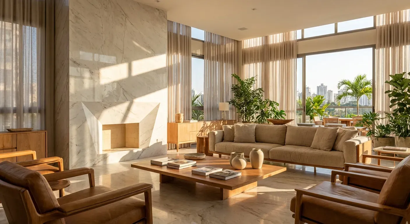 Render fotorrealístico V-Ray de sala moderna com iluminação natural perfeita e materiais detalhados