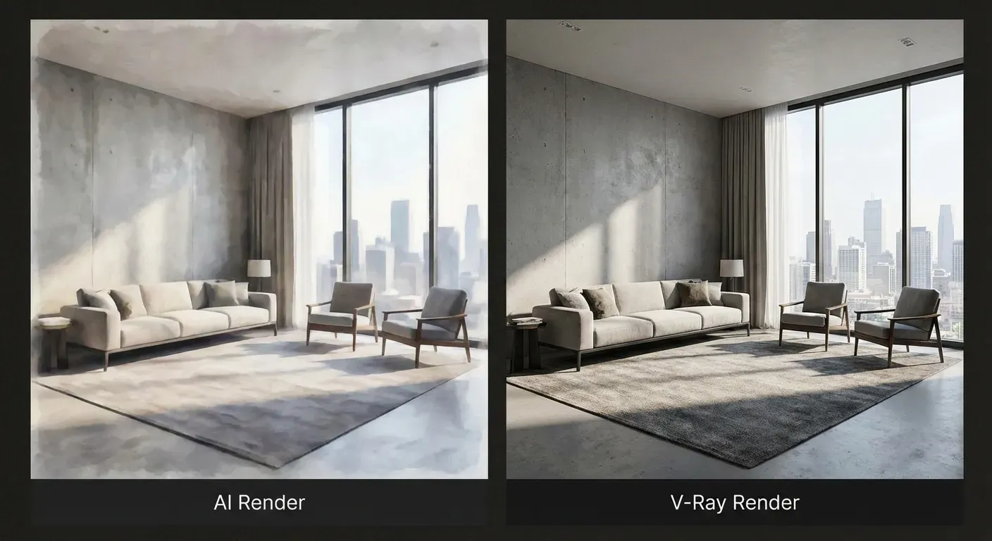 Comparação lado a lado entre render IA e V-Ray do mesmo projeto arquitetônico