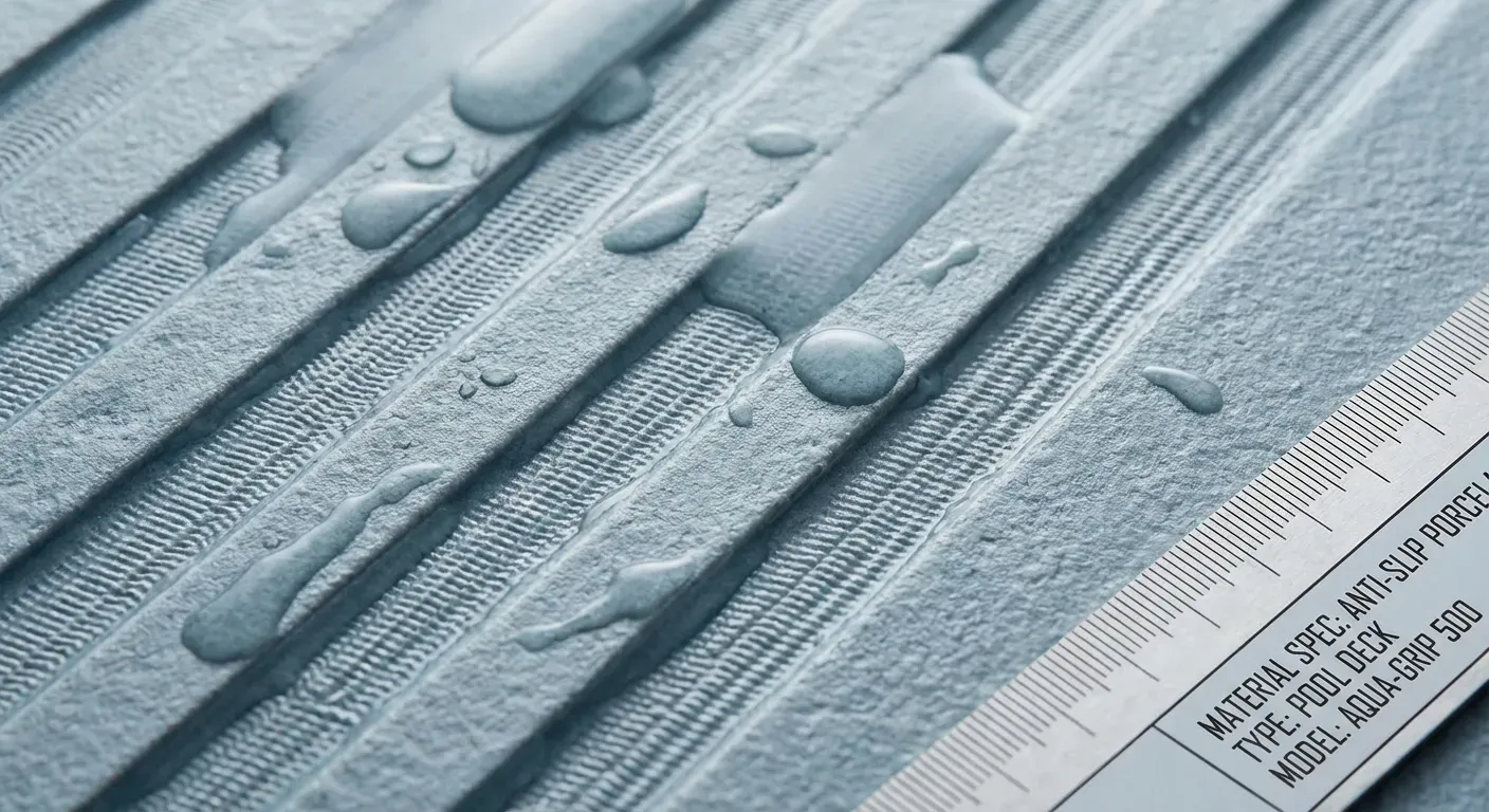 Detalhe da textura antiderrapante de porcelanato para piscina mostrando segurança e resistência à água