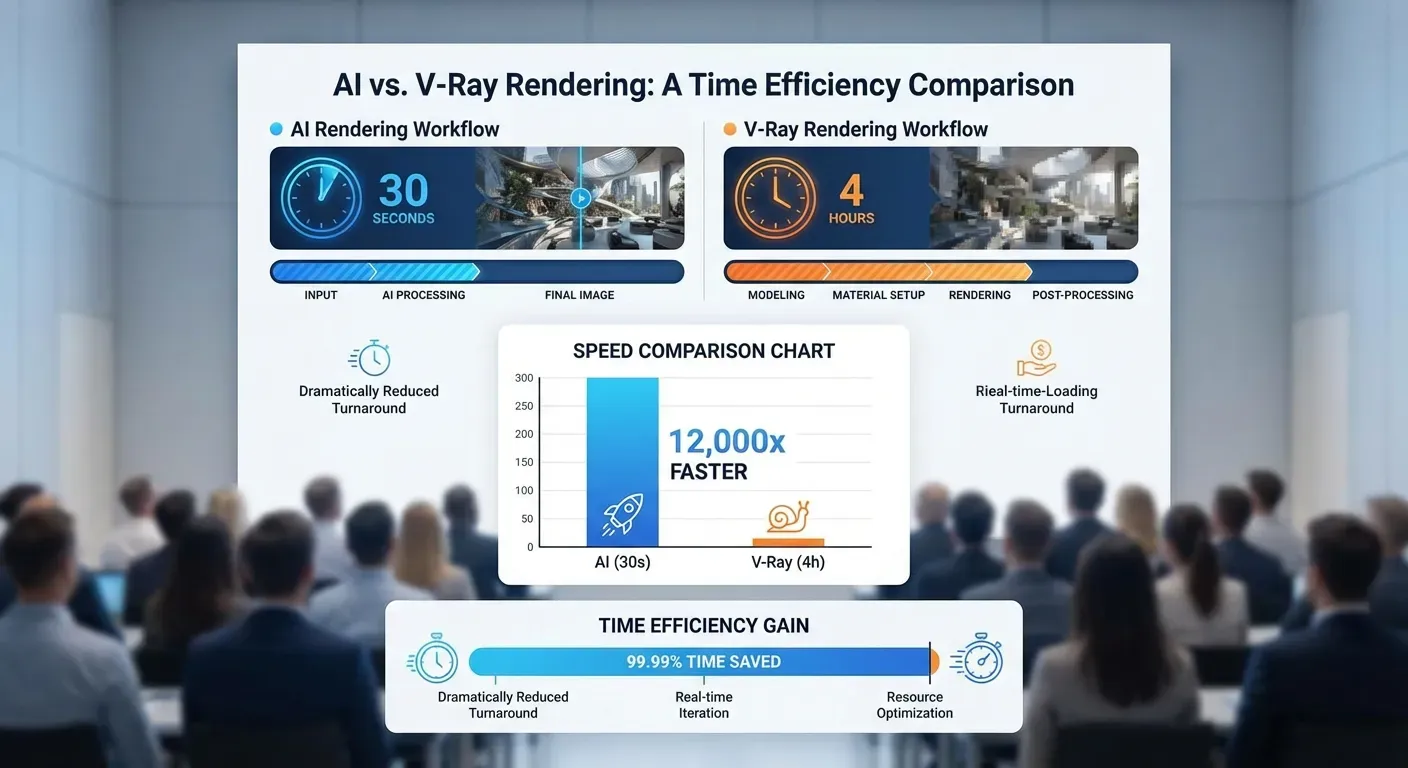 Fluxo de trabalho comparando tempo de produção entre IA e V-Ray