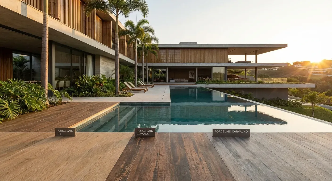 Variedade de porcelanatos para piscina com efeito madeira e texturas modernas em projeto brasileiro contemporâneo