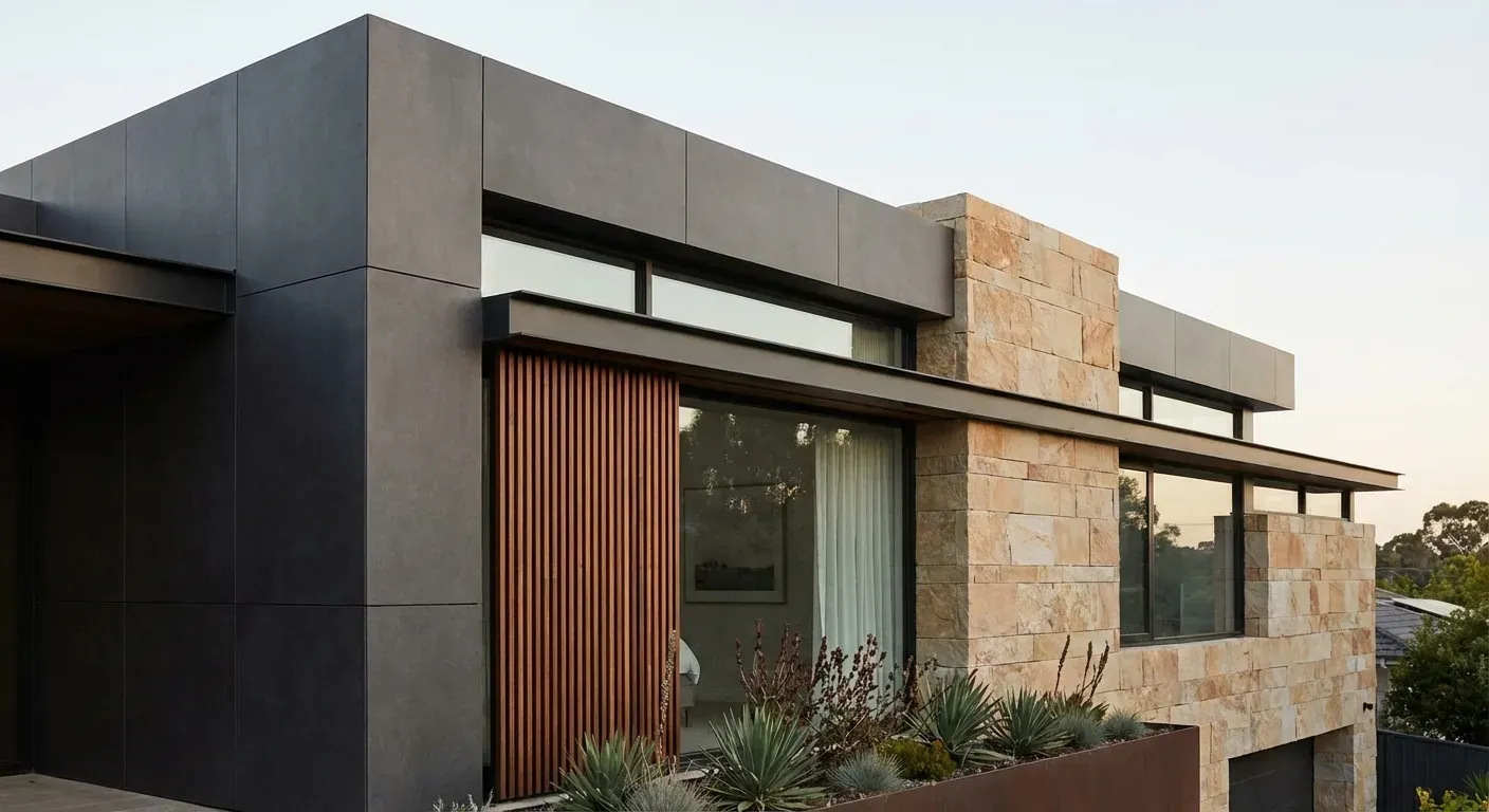 Fachada moderna com diferentes tipos de revestimentos aplicados em harmonia