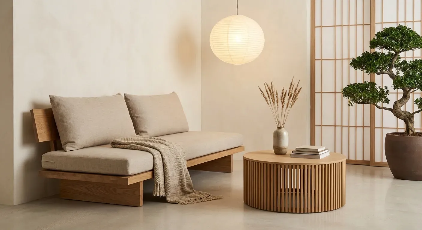 Interior Japandi com móveis em madeira clara e decoração minimalista