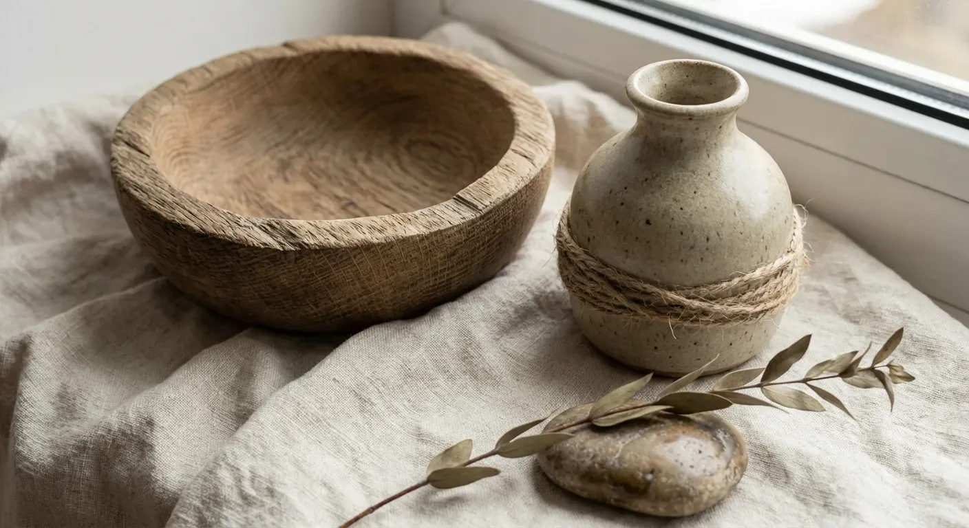 Detalhes de materiais Japandi: madeira, linho e cerâmica em harmonia