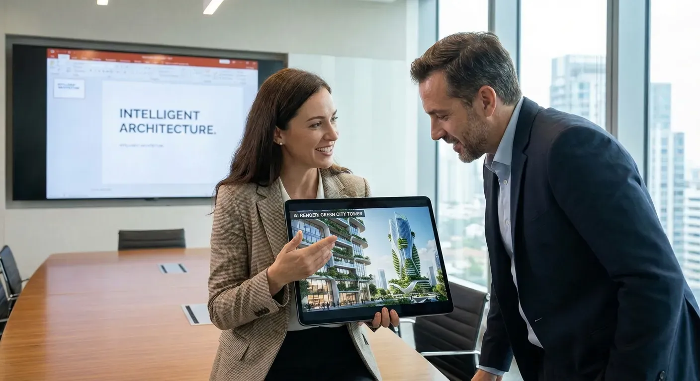 Arquiteta apresentando renders IA em tablet para cliente em reunião profissional