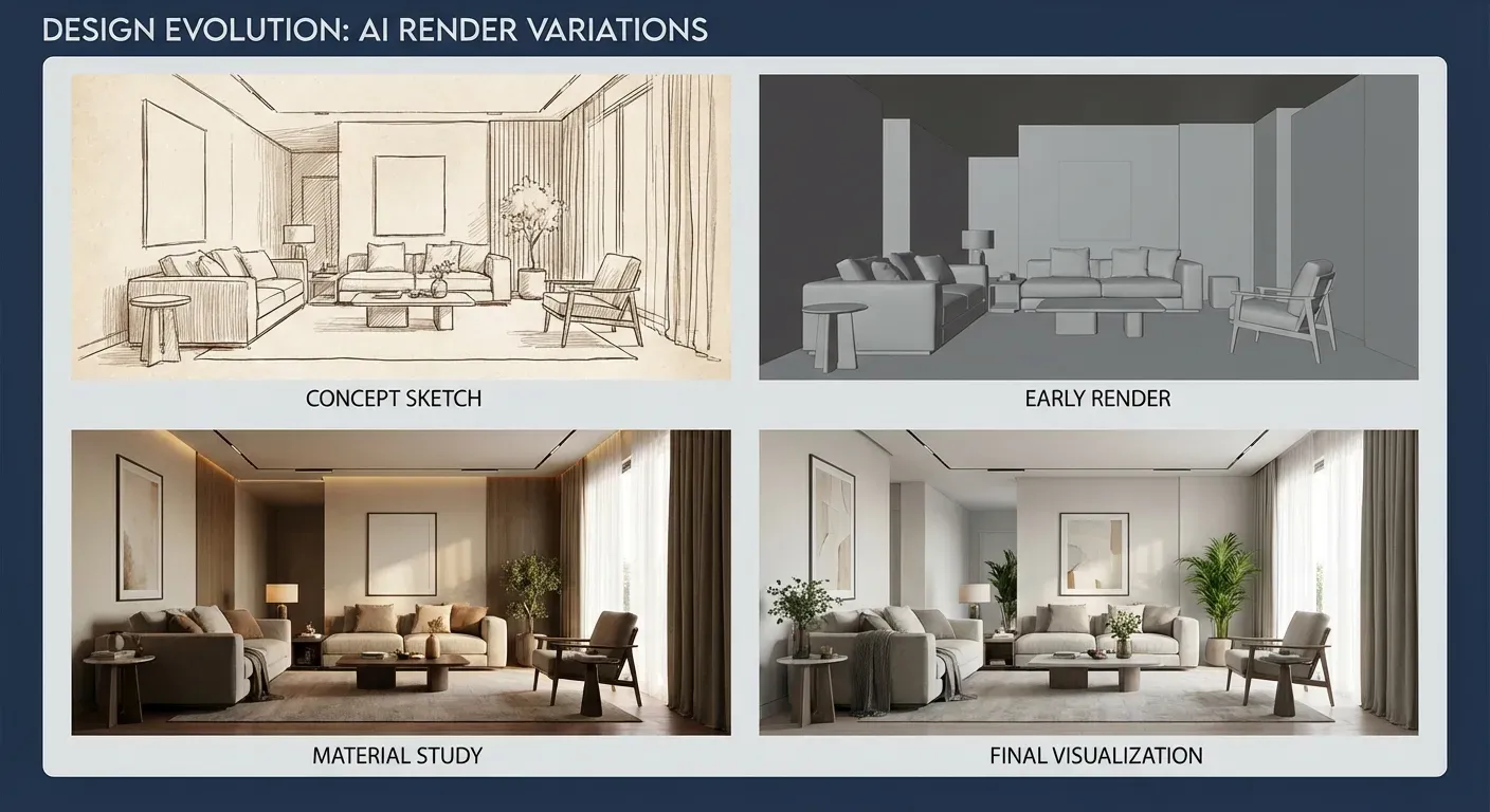 Sequência de renders IA mostrando variações de design e evolução do projeto