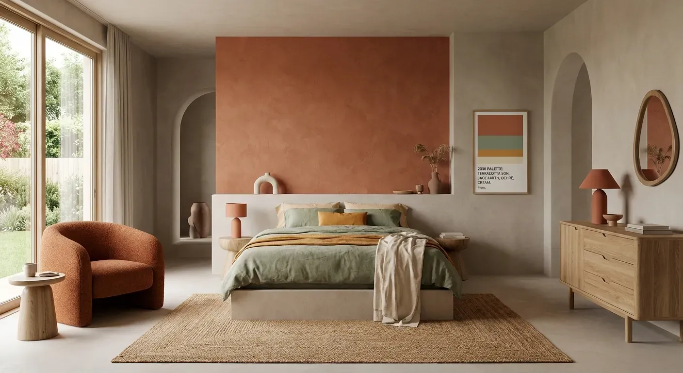 Paleta de cores 2026 para quarto: terracotta e verde sage