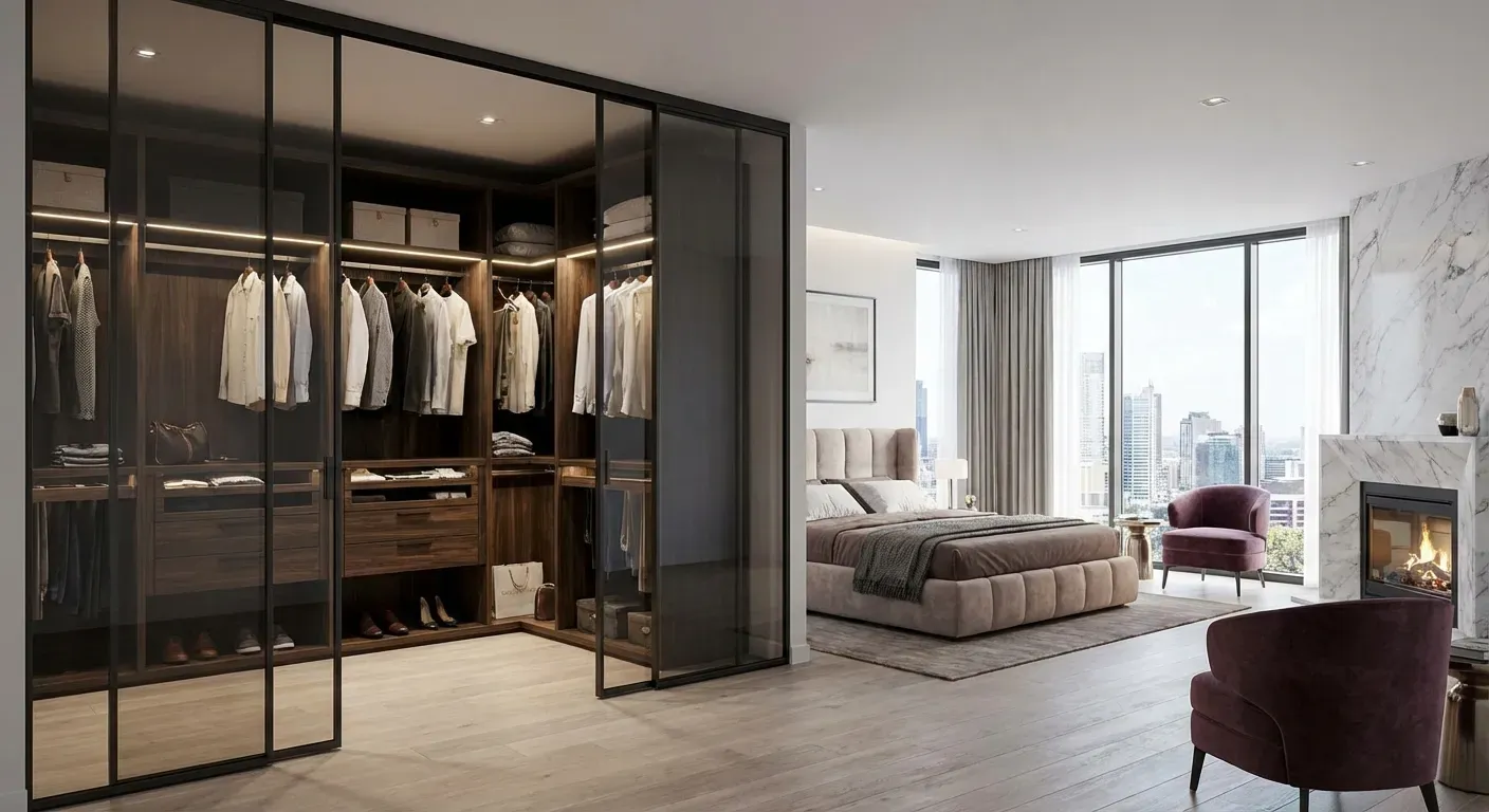 Closet integrado moderno com portas de vidro canelado