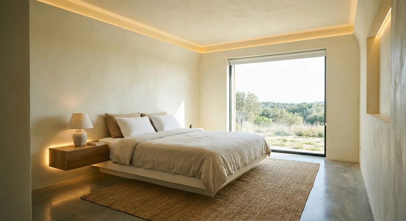 Quarto moderno 2026 com design minimalista funcional, cabeceira estofada e tons neutros