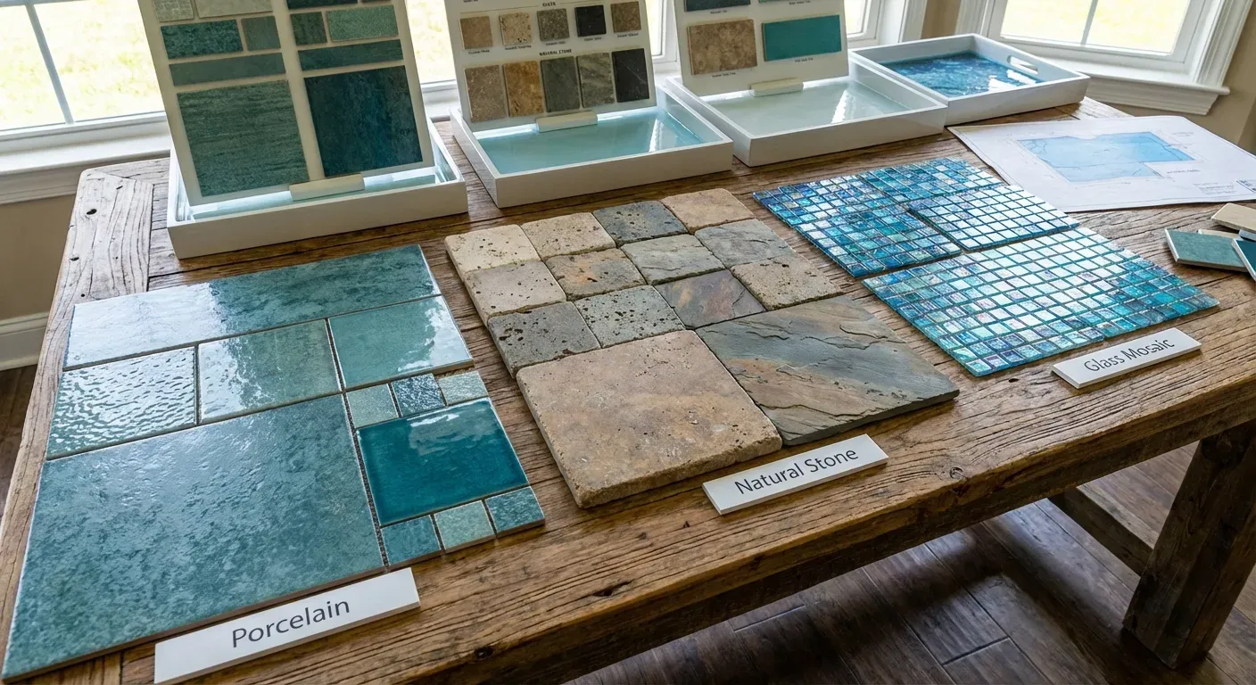 Comparativo de materiais para piscina: porcelanato, pedra e pastilha