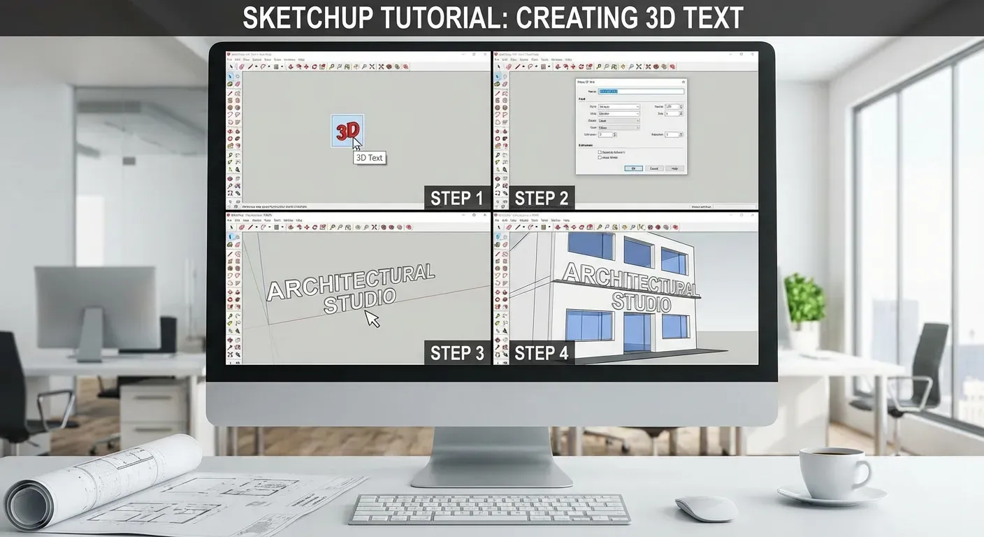 Interface do SketchUp mostrando processo de criação de texto 3D