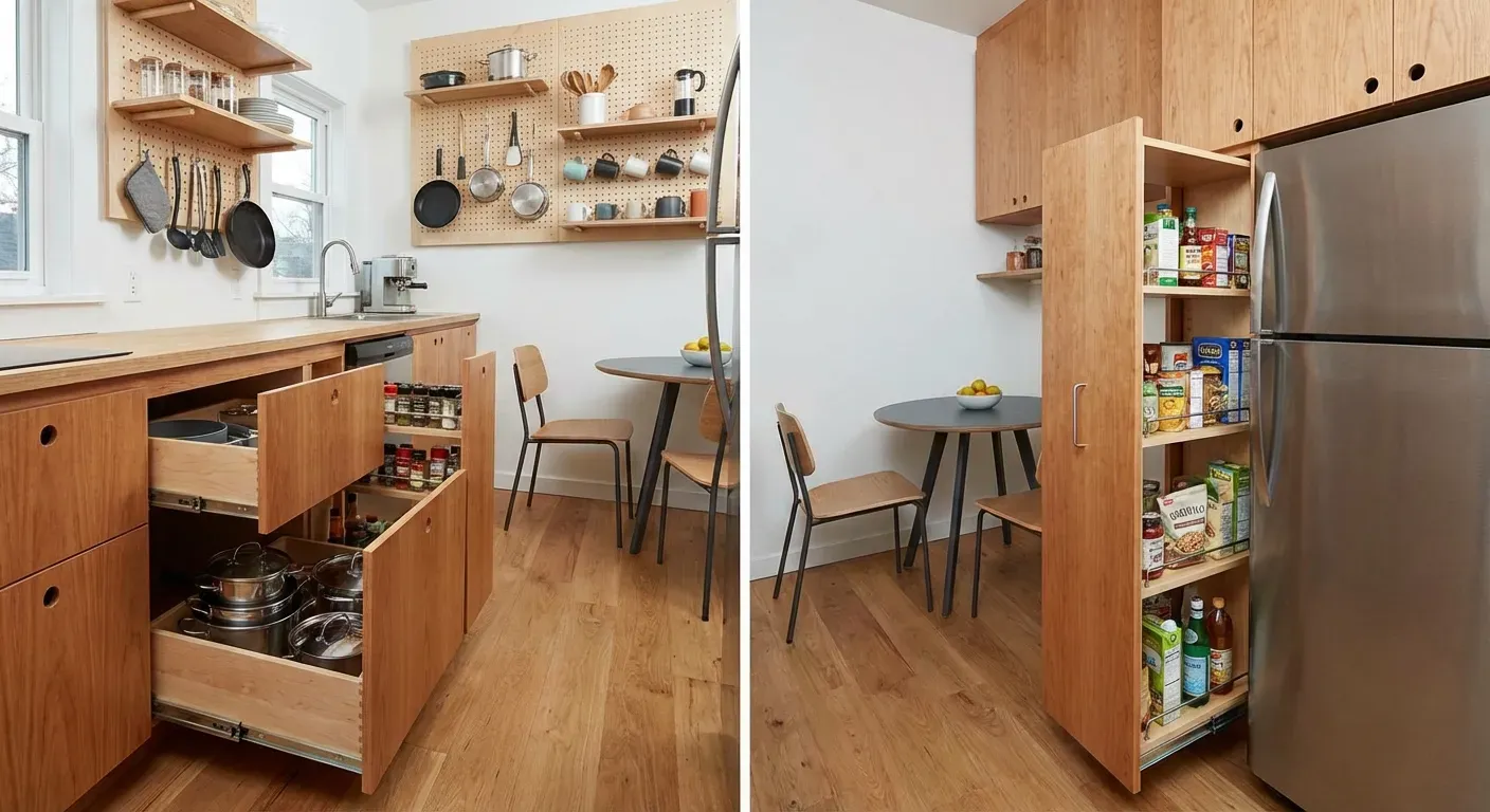 Cozinha pequena moderna com soluções inteligentes de armazenamento