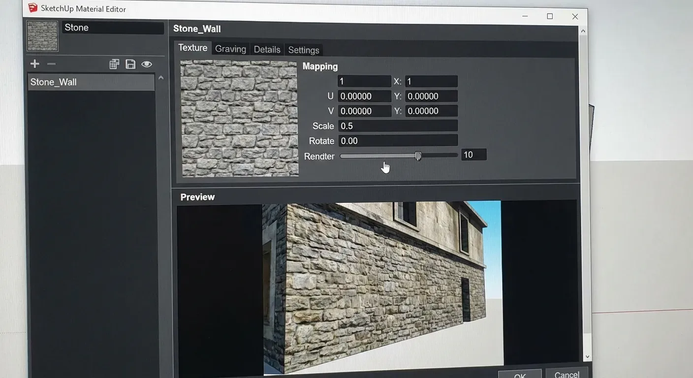 Editor de materiais do SketchUp mostrando aplicação de textura de pedra