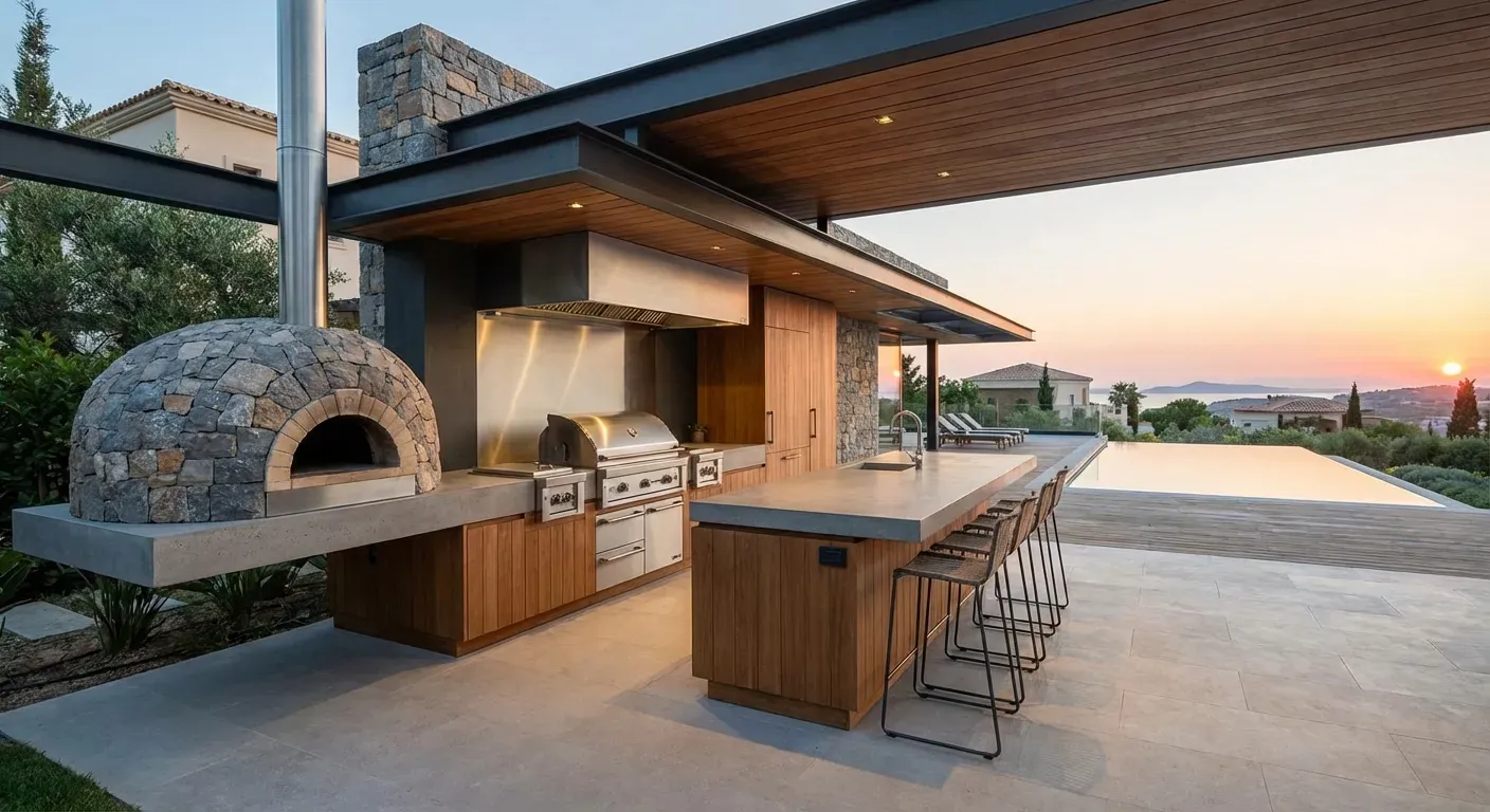 Área gourmet luxuosa integrada com piscina em ambiente residencial moderno